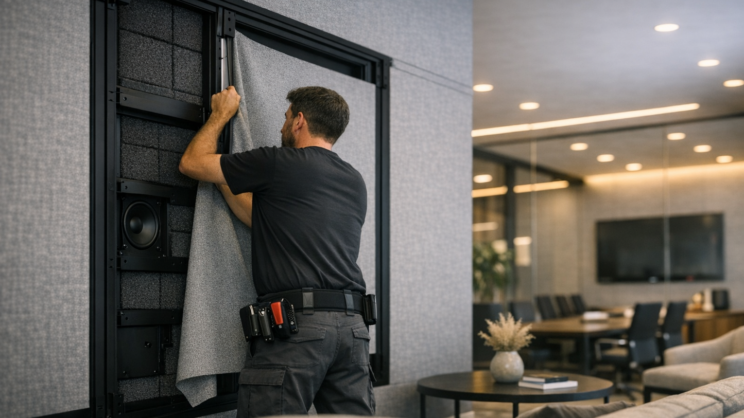 Person installing stretch fabric in an office setting