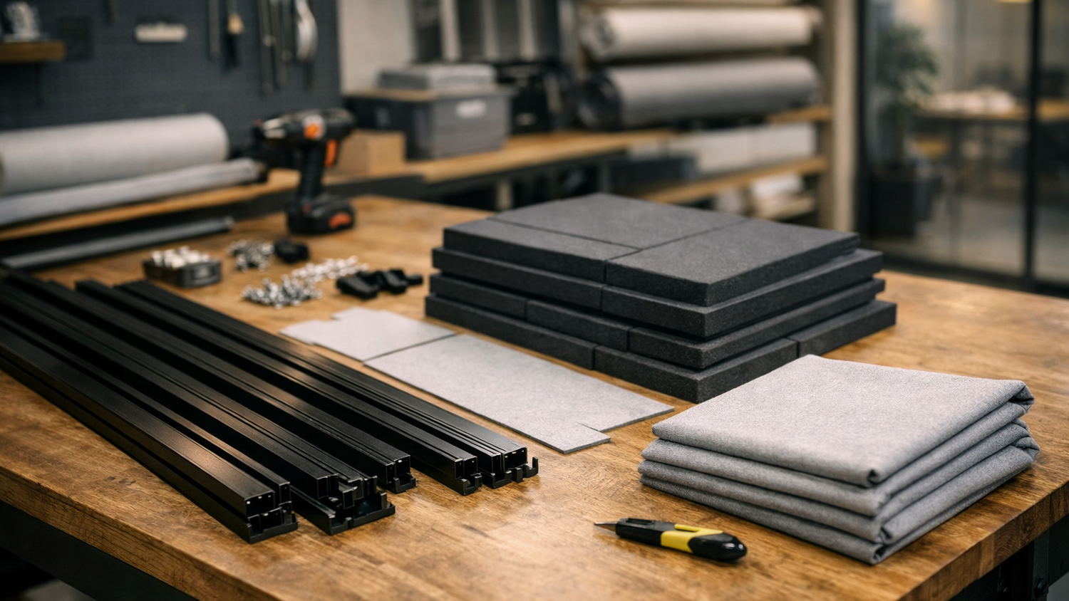 Stacks of black and gray materials on a wooden table with tools in a workshop setting.