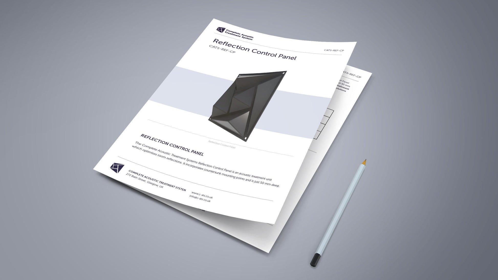 Brochure or technical document on a gray background with a pen