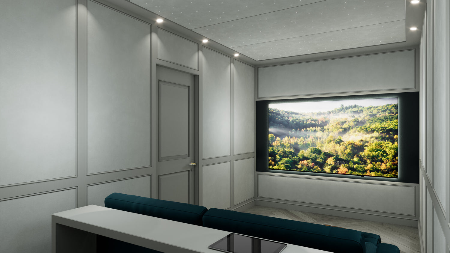 compact Media Room with fabric walls and large recessed TV