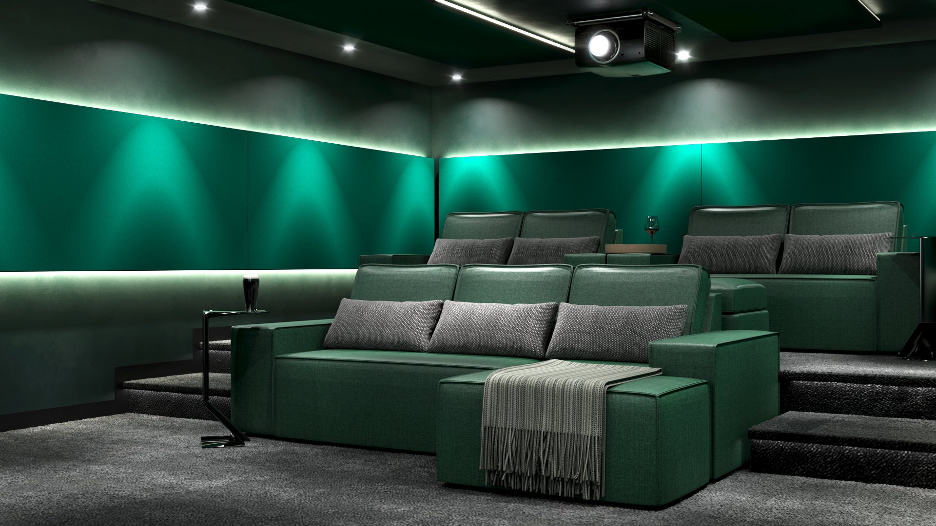 Modern home theater with green walls and comfortable seating